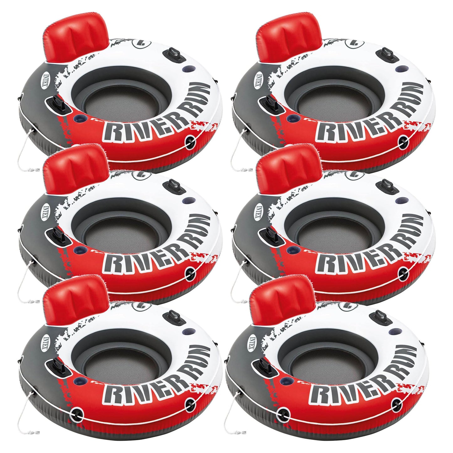 Intex River Run 1 Inflatable Floating Lounge w/Backrest  Built-in Cup Holders  Grab Handles  & Grab Rope -220lb Weight Capacity  Color Varies (6 Pack)