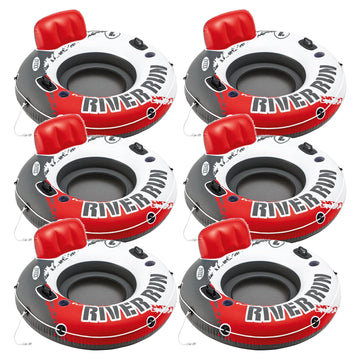 Intex River Run 1 Inflatable Floating Lounge w/Backrest  Built-in Cup Holders  Grab Handles  & Grab Rope -220lb Weight Capacity  Color Varies (6 Pack)