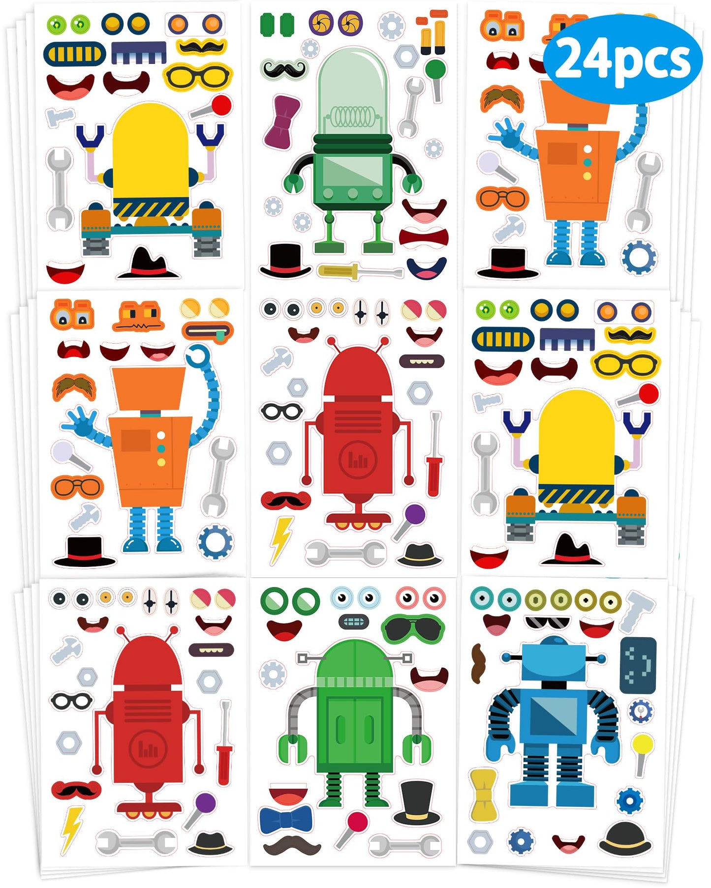 24 Pcs Make Your Own Robot Sticker Sheets For Kids, Robot Face Stickers For Kids Toddlers Crafts Activities Gifts Goodie Bags Bi