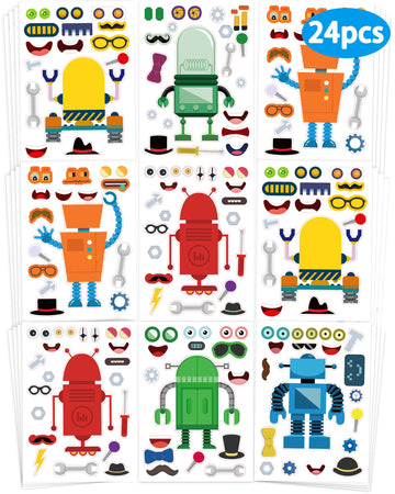 24 Pcs Make Your Own Robot Sticker Sheets For Kids, Robot Face Stickers For Kids Toddlers Crafts Activities Gifts Goodie Bags Bi
