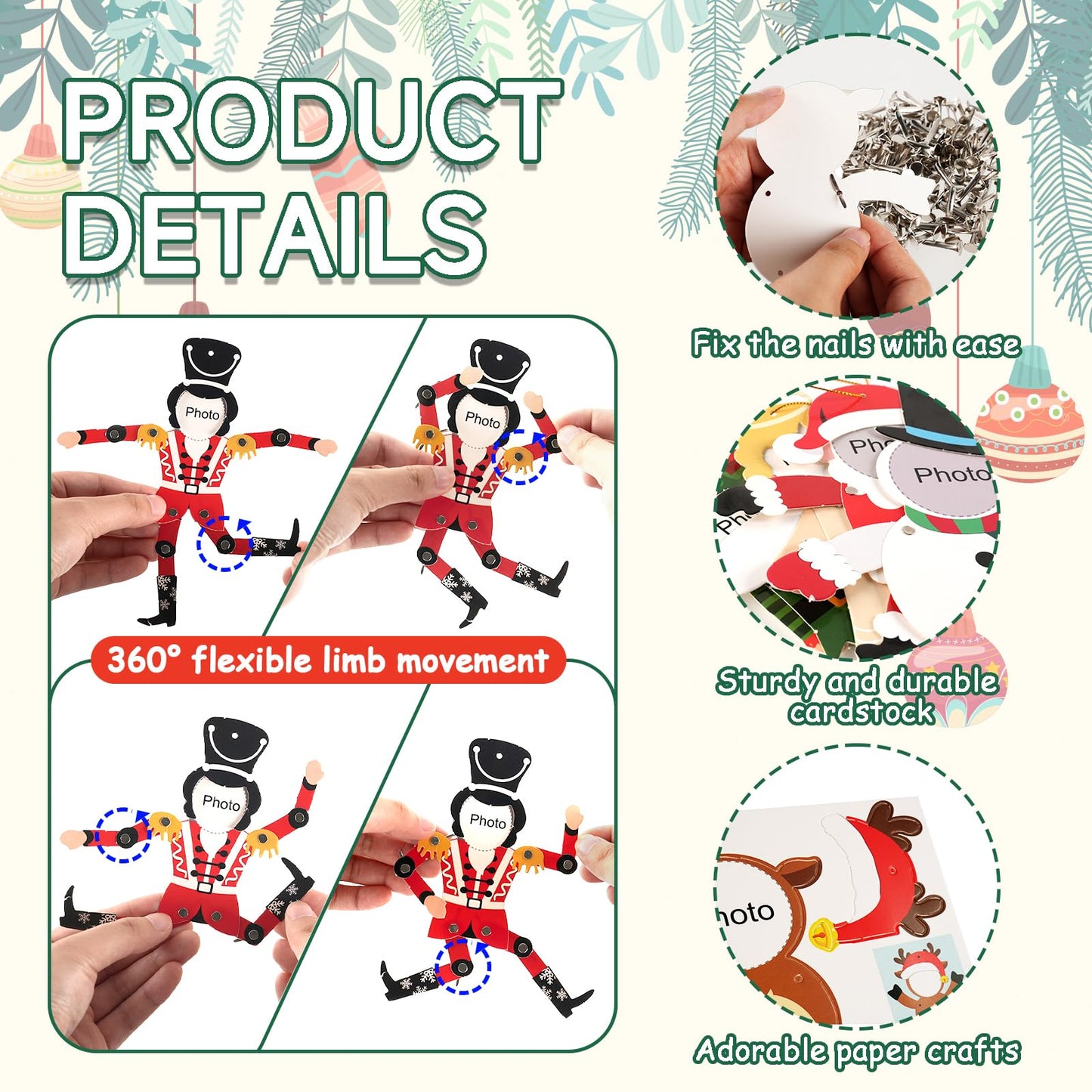 28 Pack Christmas Photo Frames, DIY Christmas Ornament Paper Crafts for Kids, Movable Snowman Angel Reindeer Xmas Keepsake Photo