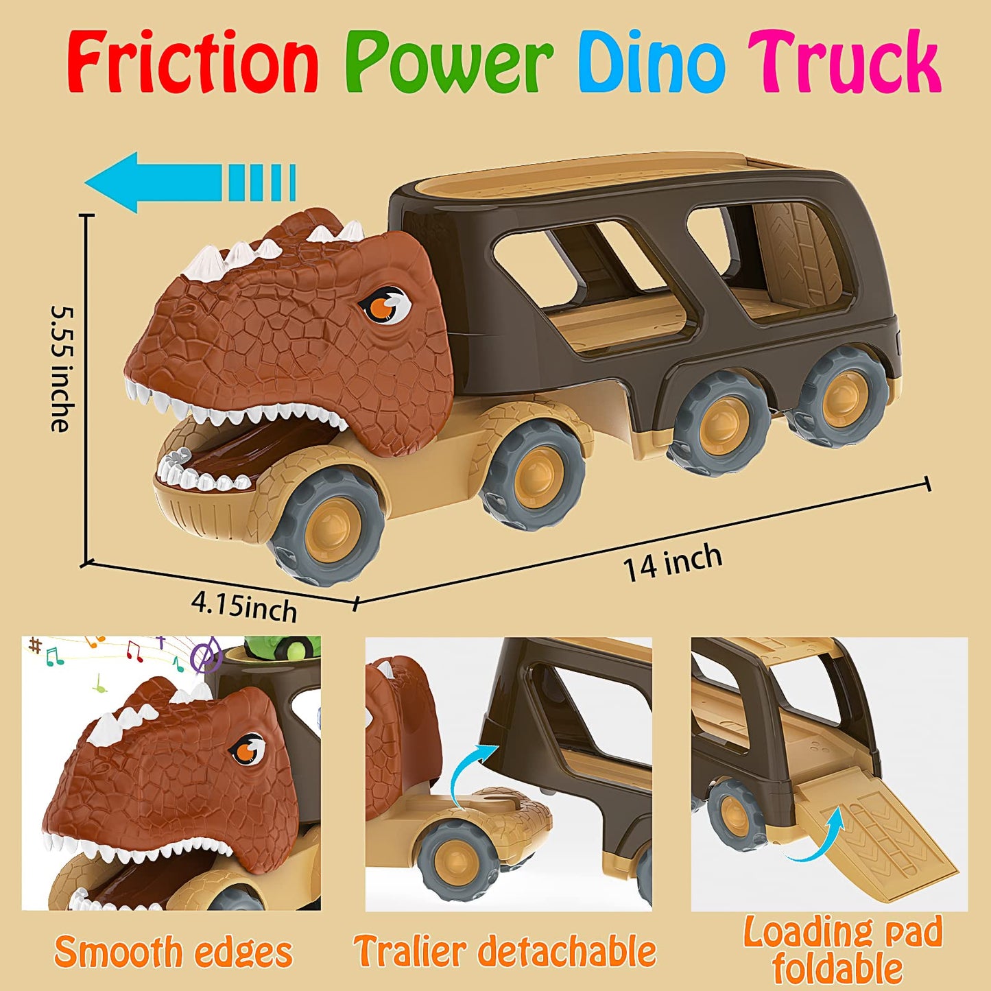Veslier Dinosaur Car Toy for 2 3 4 5 Years Old Boys, Friction Power Carrier Truck with 4 Pack Small Pull Back Dino Car, Christma