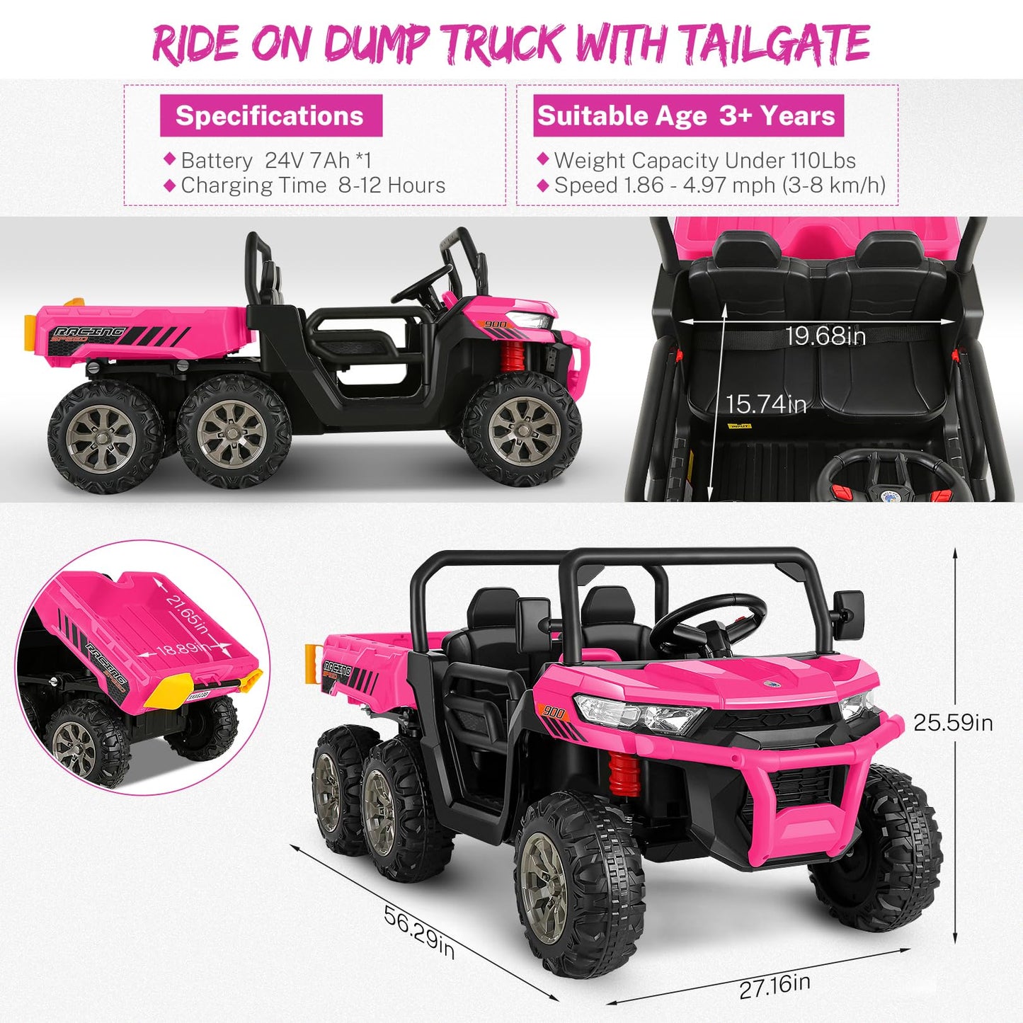 Hikole 2 Seater Ride On Utv For Kids, 24V 6X6 4Wd Electric Kids Car Truck With Remote Control, 6 Wheeler, Dump Bed, Music-24 Volt Ride On Toys For Big Kids Boys Girls 4-8 W/6 Spring Suspension, Pink