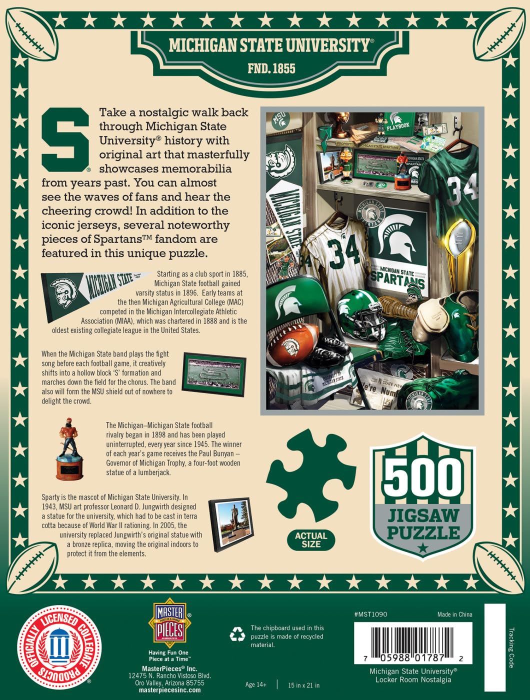 MasterPieces Game Day 500 Piece Jigsaw Puzzle for Adults - NCAA Michigan State Spartans Locker Room - 15x21