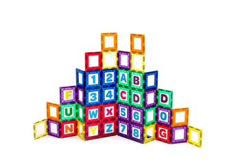 Playmags Magnetic Tile Building Set: Exclusive Educational Clickins 36-Pc. Kit: 18 Super Strong Clear Color Magnet Tiles Windows & 18 Letters & Numbers Stimulate Creativity & Brain Development