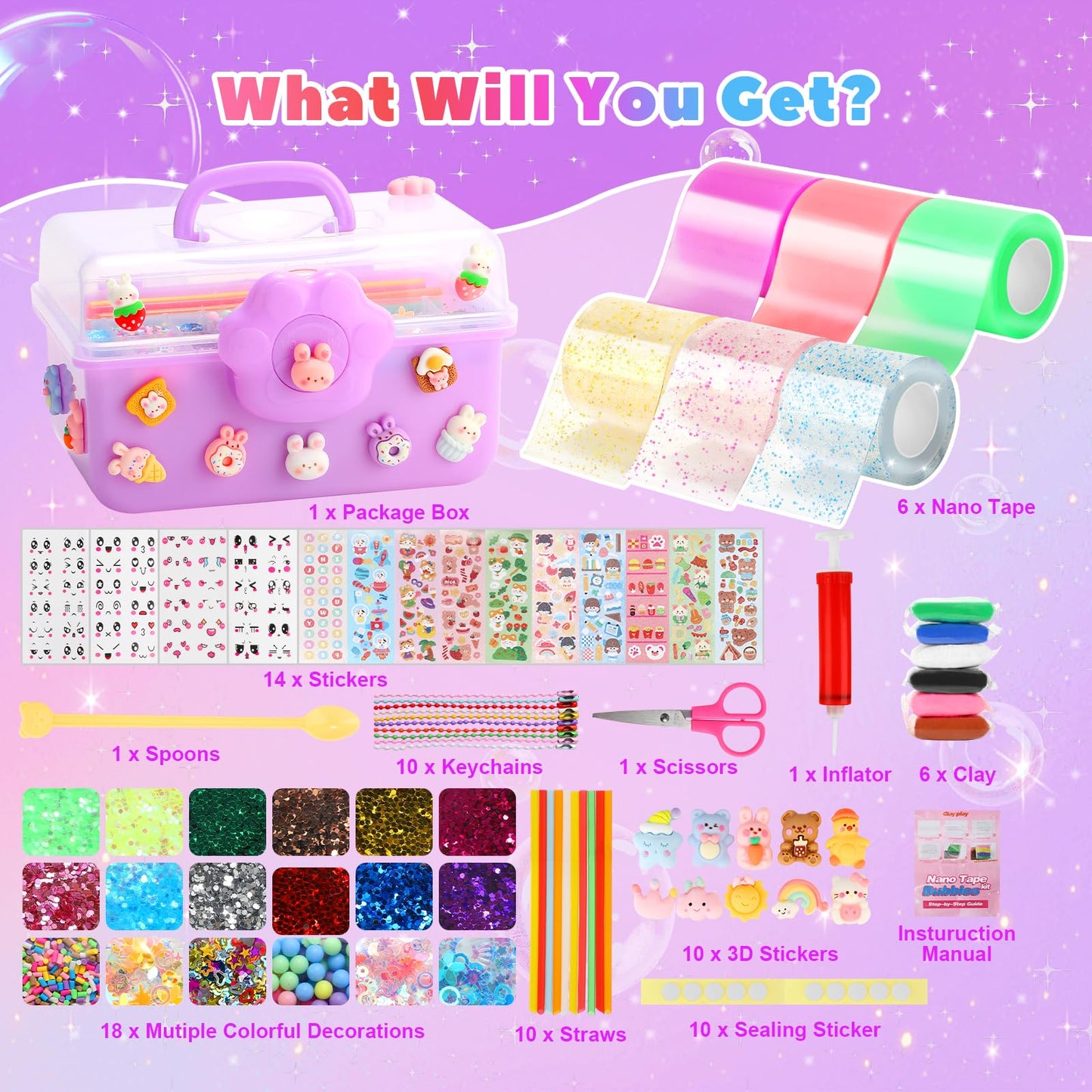 Lokuc Nano Tape Bubble Kit For Kids, 19.7Ft Nano Tape With Box, Nano Tape Squishy Maker Kit With Glitter, Clay, Beads, Stickers