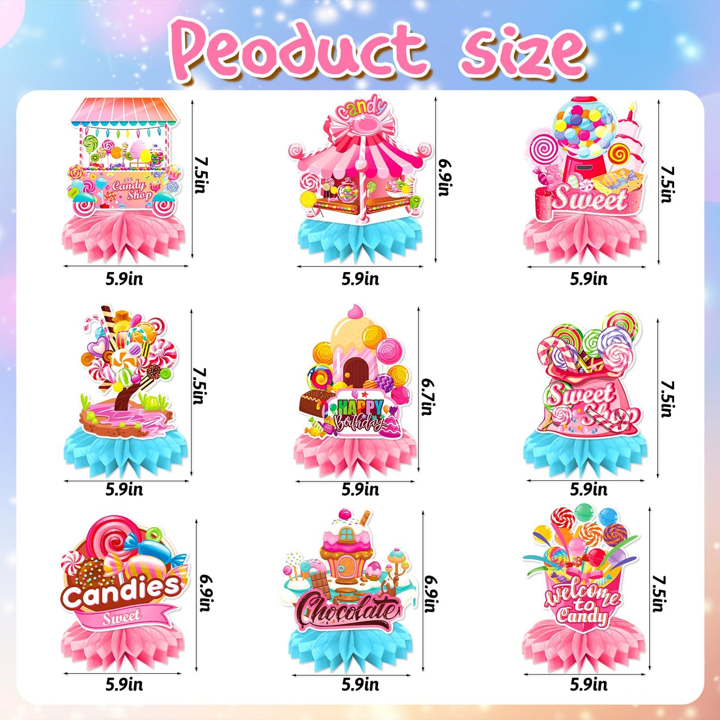 9PCS CandyLand Party Decorations, Candy Land Table Centrepieces Candy Themed Honeycomb Decorations Colourful Lollipop Birthday P
