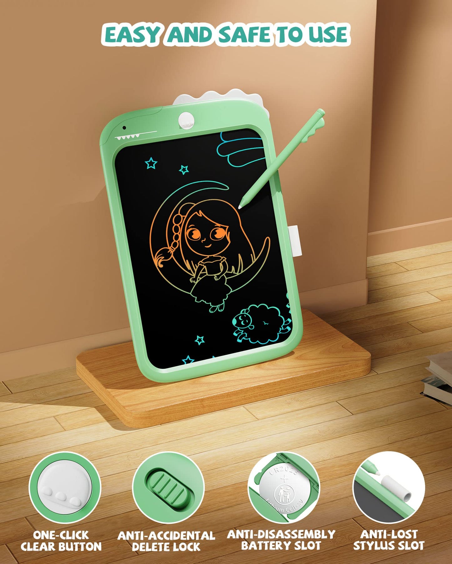 Kikapabi LCD Writing Tablet - 10" Doodle Board, Erasable, Portable, Green, Model LCD09, Educational Toy for Kids 3-6 Years Old