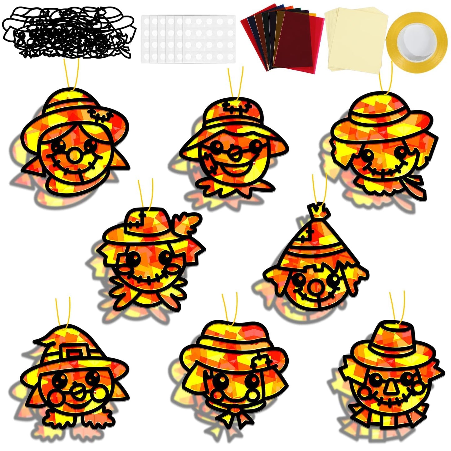 QOUBAI 32 Sets Fall Scarecrow Suncatchers Craft Kit DIY Window Stained Glass Effect Autumn Scarecrow Paper Crafts Home School Cl