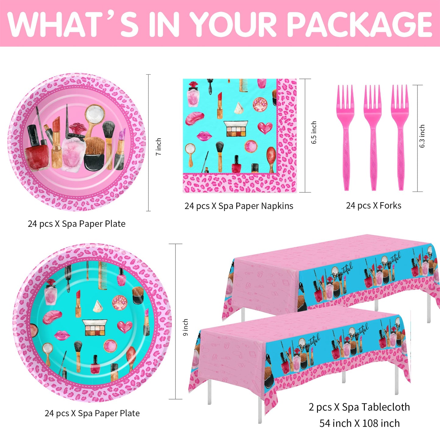 HIPVVILD Spa Party Decorations Tableware For Girls, Spa Makeup Birthday Party Supplies, Spa Party Plate, Napkin, Tablecloth, For