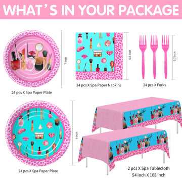 HIPVVILD Spa Party Decorations Tableware For Girls, Spa Makeup Birthday Party Supplies, Spa Party Plate, Napkin, Tablecloth, For