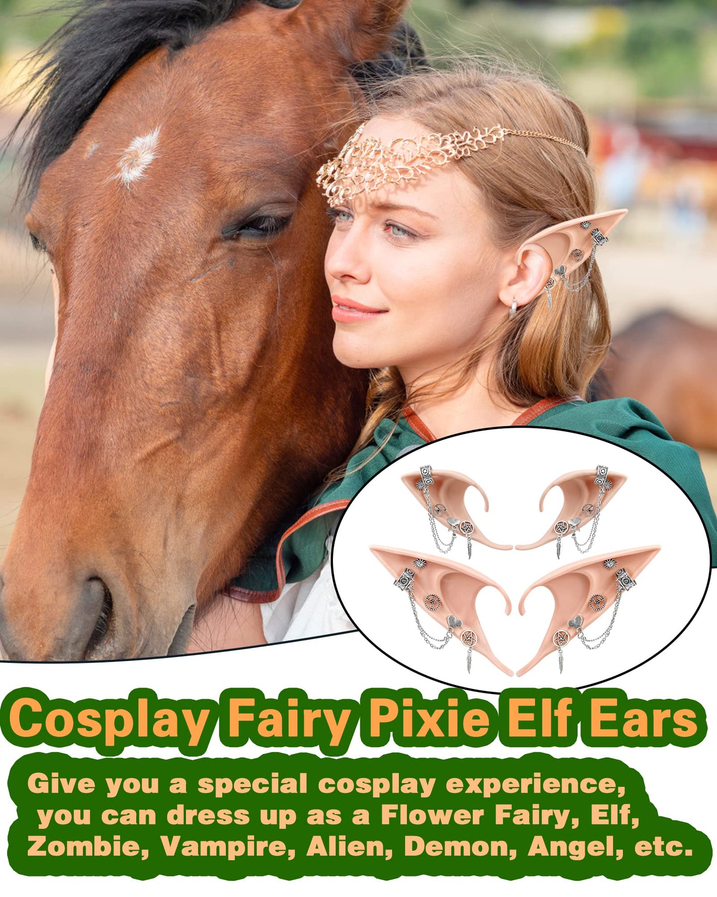 3Pcs Elf Ears With Piercings Earrings Halloween Fairy Ears Soft Pointed Elf Ears With Chains For Renaissance, Fairy, Elf, Vampir