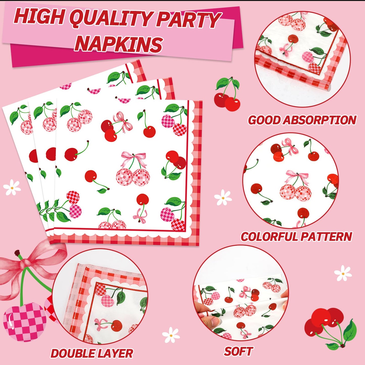 96Pcs Cherries Theme Plates and Napkins Pink Bow Cherry Birthday Party Decoration Disco Ball Disposable Dessert Cake Plates Cher
