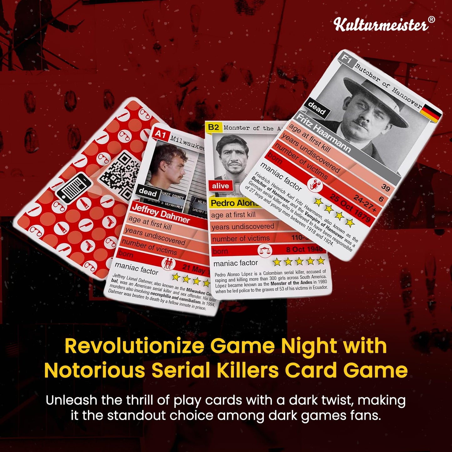 Kulturmeister Notorious Serial Killers Trump Card Game - Detective Mystery Investigation, Cardstock, Transparent, Model K-003