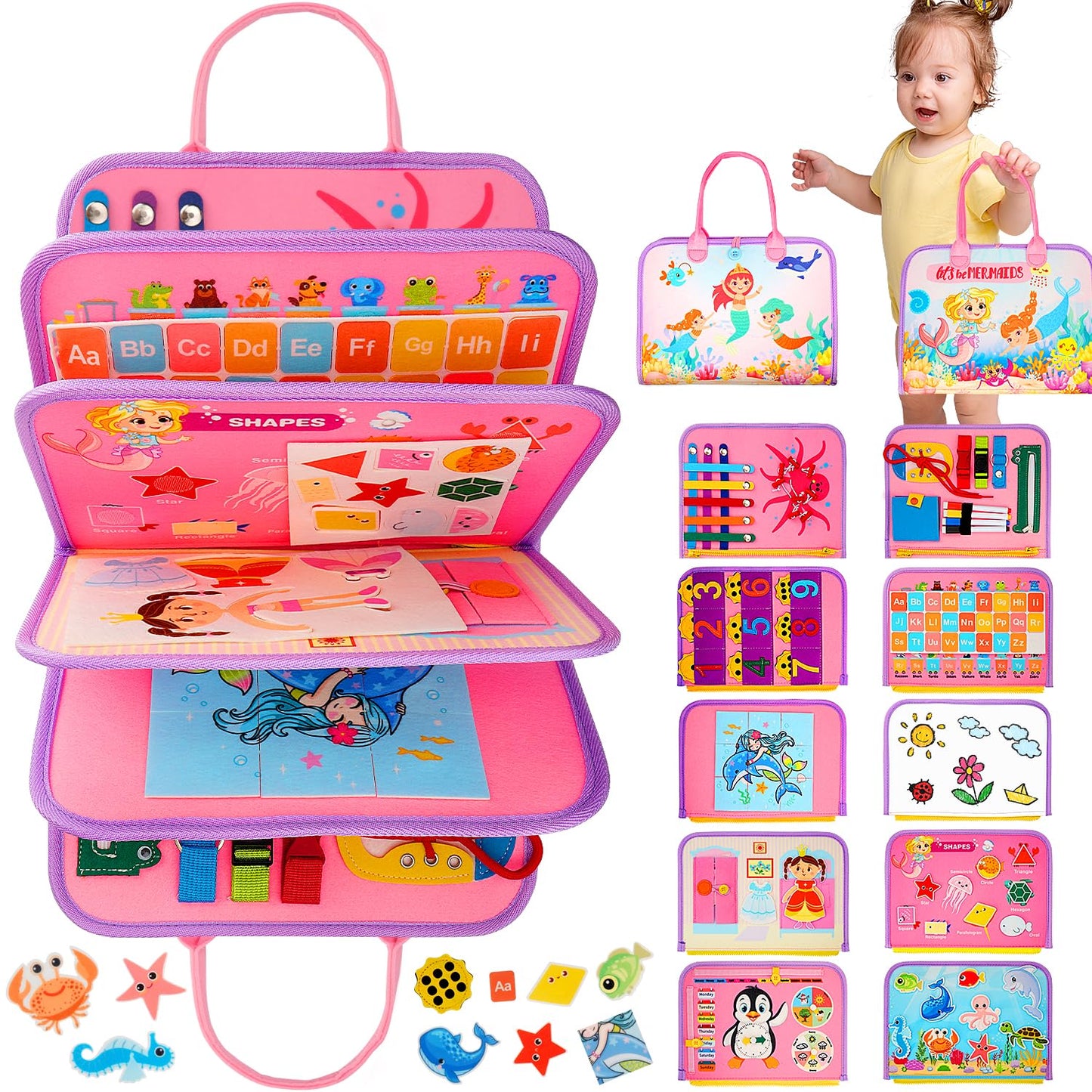 Safeli Toddler Busy Board, Montessori Toys For 1 2 3 Year Old Girl Birthday Gifts - Educational Busy Book, Kids Sensory Toy, Pre