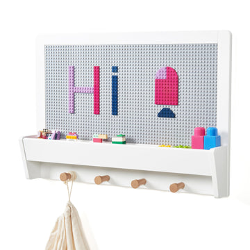 Utex 2 In 1 Building Block Wall For Lego, Activity Wall Panel For Kids With Shelf And Hooks, Wood Kids Wall Shelf For Kids Room, Playrooom, Nursery