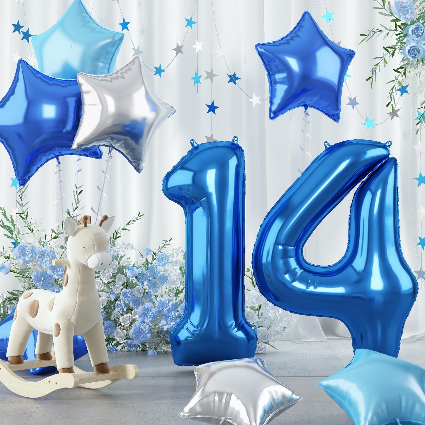 14Th Birthday Balloon For Boys, Big Self Inflating Dark Light Blue Silver Star Number 14 Balloons Decor, 40 Inch Royal Pastel Ba