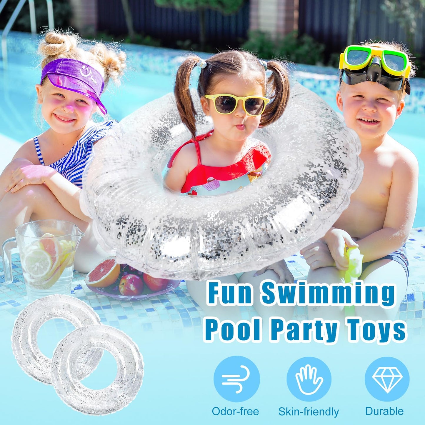 Whaline 4Pcs Inflatable Pool Floats Toys Clear Swim Tubes Rings Glitter Silver Pool Tube For Kids Boys Girls Outdoor Summer Swim