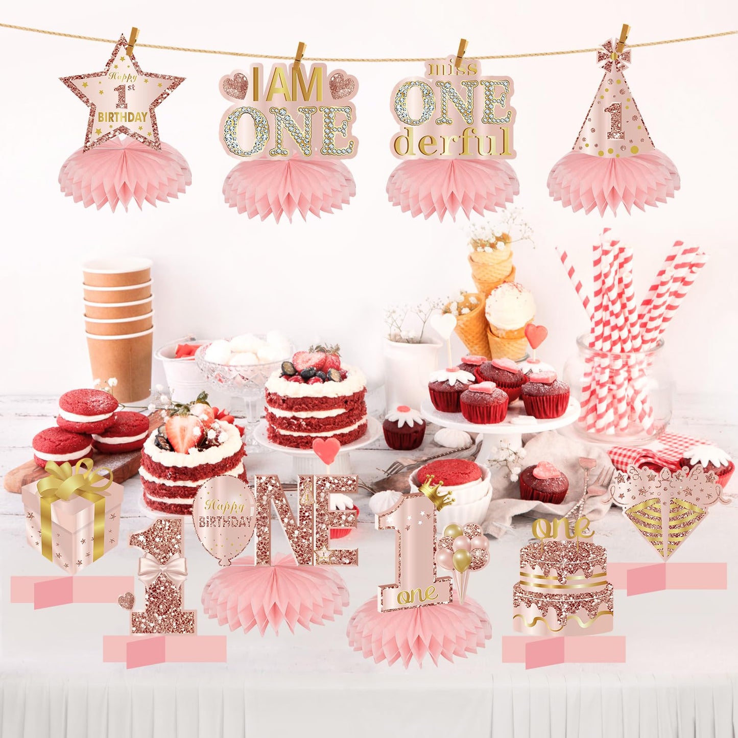 Turypaty 10Pcs 1St Birthday Decorations Honeycomb Centerpieces For Baby Girls, Pink Rose Gold Miss Onederful First Birthday Tabl