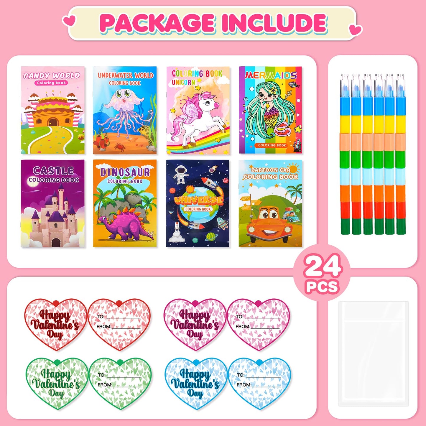 digi Valentines Day Gifts for Kids, 24 Pack Coloring Books for Kids with Colorful Valentines Day Cards, Classroom Exchange Party