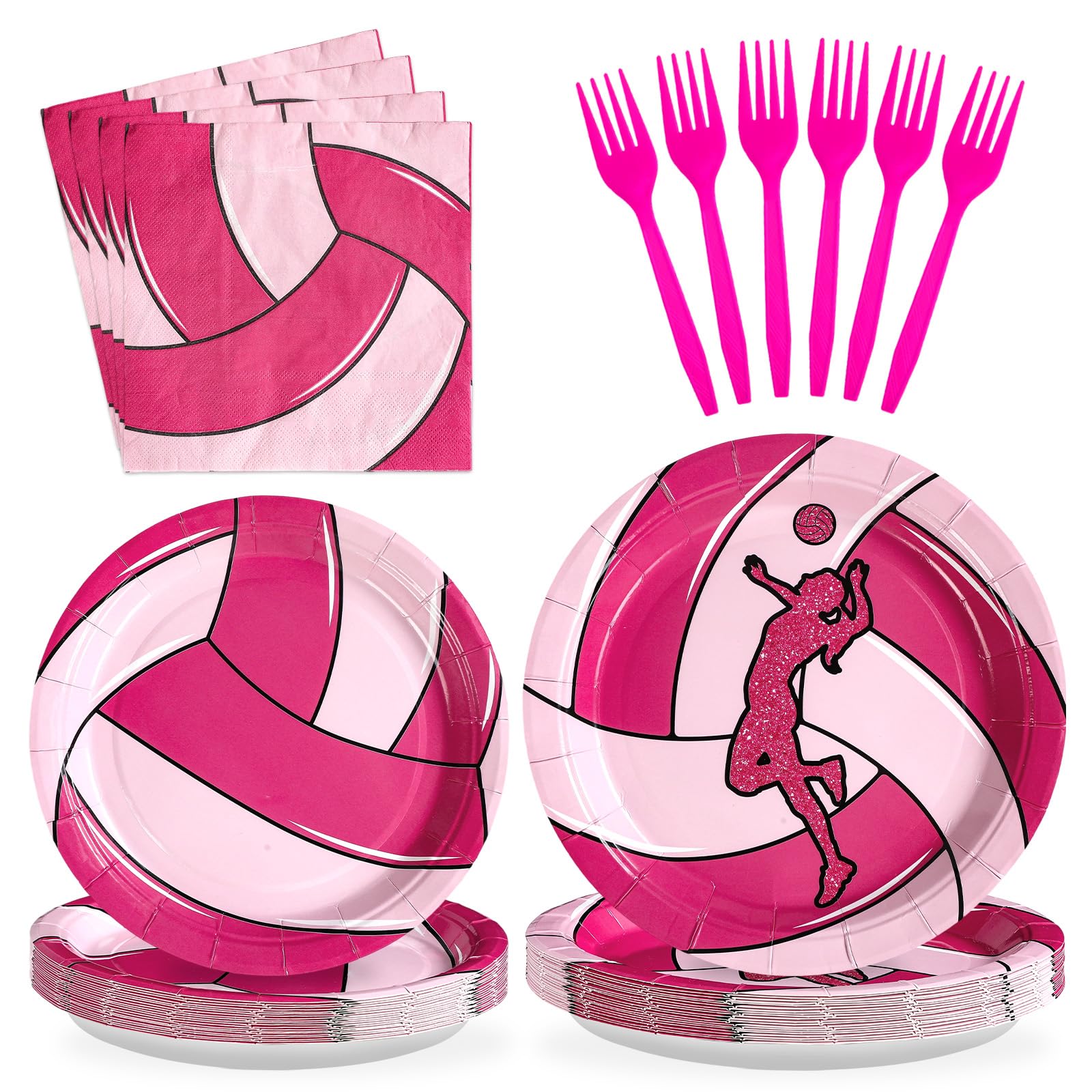 Grencian 96Pcs Pink Volleyball Party Supplies Volleyballs Paper Plates and Napkins Sports Birthday Party Disposable Tableware fo