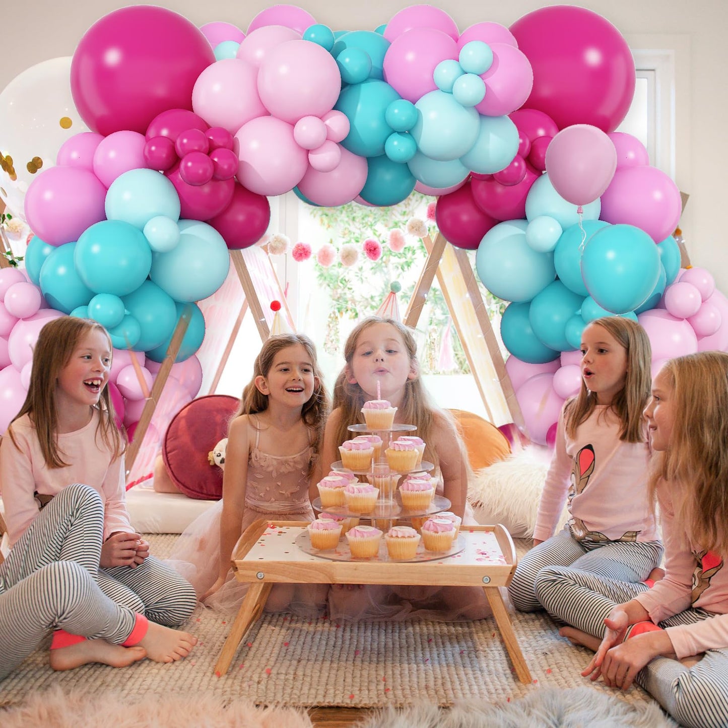 Hot Pink And Teal Blue Balloon Arch Garland Kit, Rose Red Teal Blue Pastel Pink Turquoise Latex Balloon For Birthday Baby Shower