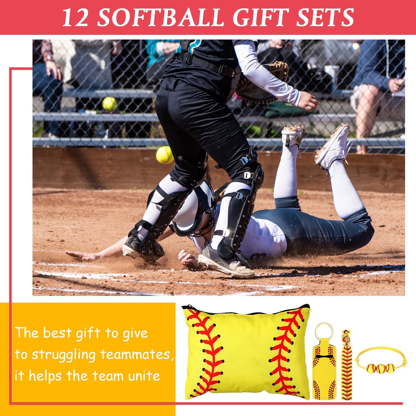 LEIFIDE 148 Pcs Softball Gift Softball Party Favors Makeup Bag Bracelet Keychain Stickers Hair Ties for Sport Birthday Decoratio