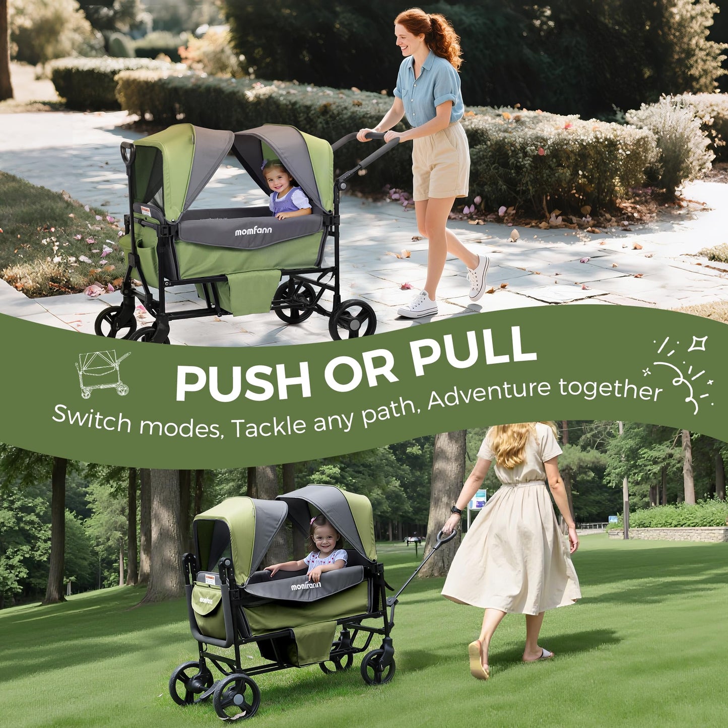 Stroller Wagon for 2 Kids with Canopy, Foldable All-Terrain Wagon Stroller with Adjustable Push/Pull Handle, Parent Organizer, 5