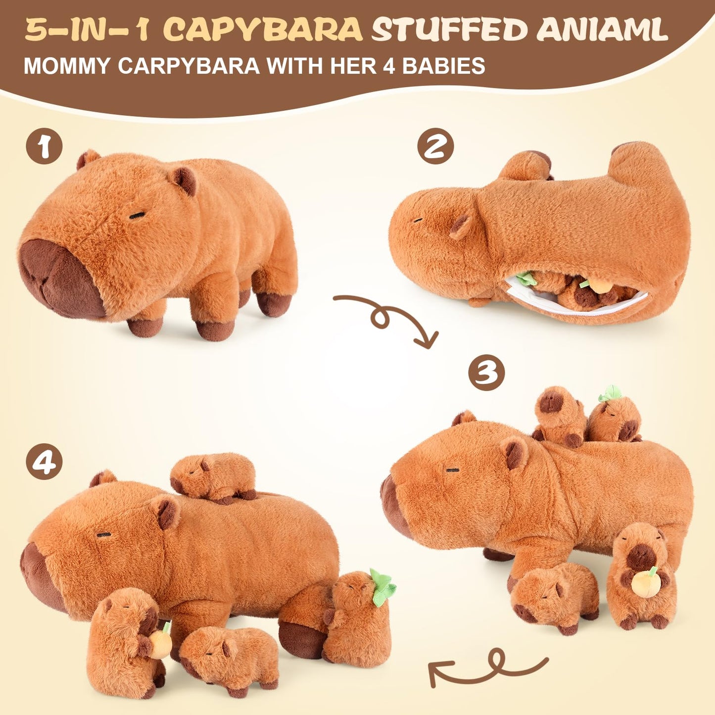 Suzzipals 5-In-1 Capybara Stuffed Animals With Babies Inside, 5Pc Set Capybara Plush With Mommy & 4 Babies, Capybara Plushies, C
