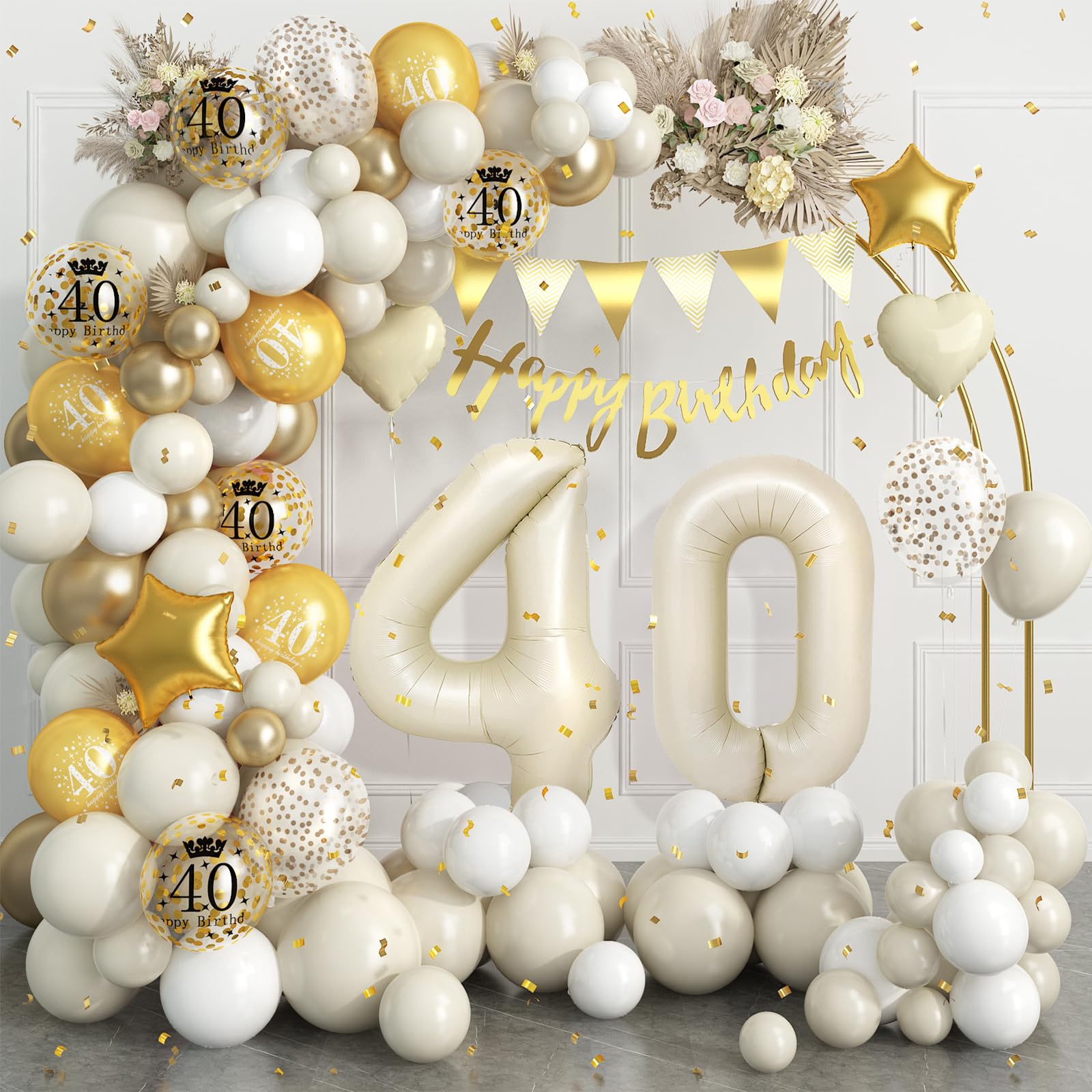 40Th Birthday Decorations Sand White Gold,40Th Birthday Balloon Arch Garland Kit With Happy 40Th Birthday Number 40 Foil Balloon