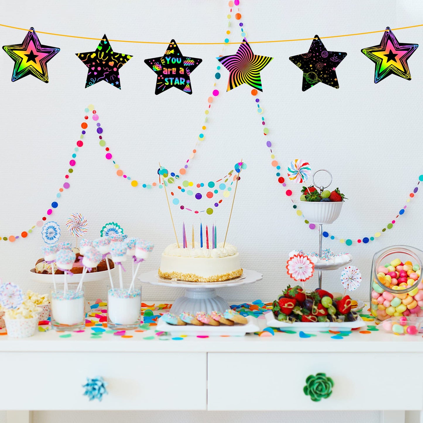 WATINC 60pcs Star Scratch Cards for Magic Color Craft Kit DIY Paper Art Scratch Star Ornament for Kids School Classroom Party Fa