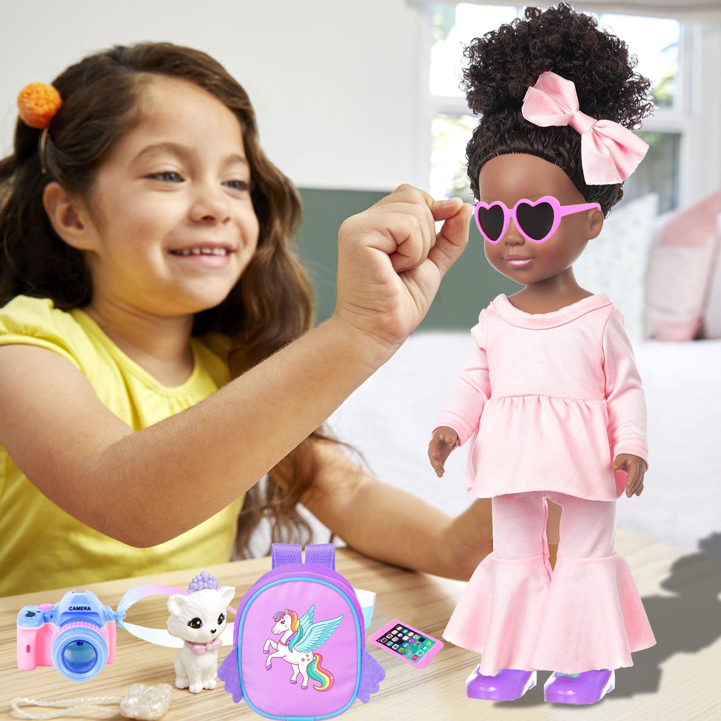 Ibayda One-Piece 14.5 Inch Black Girl African-American Washable Realistic Silicone Baby Doll With 2Sets Clothes Shoes Backbag Camera Glasses And Phone Toys Accessories