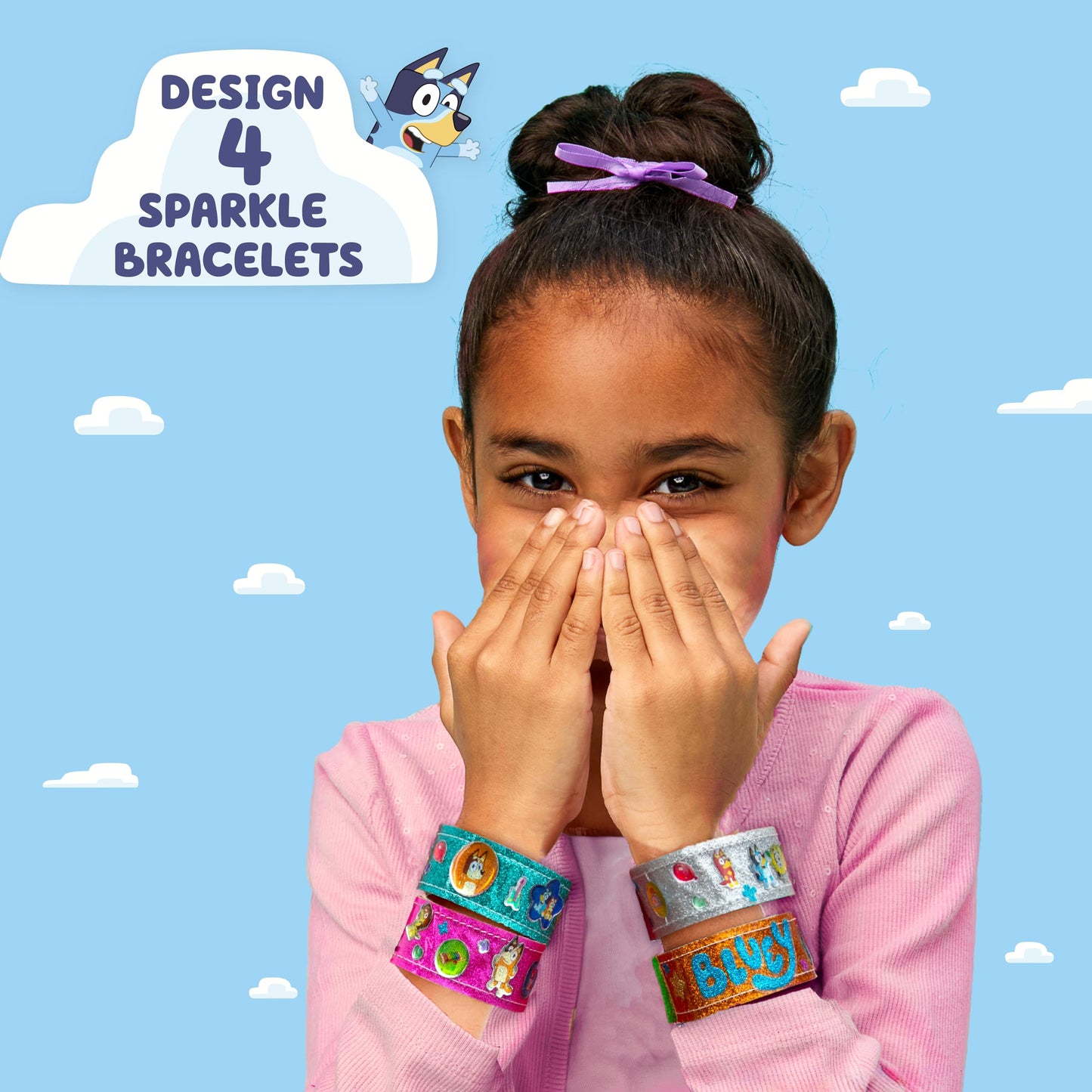 Bluey Sparkle Bracelet Making Kit, 4 Reversible Bracelets with Easy Closure, 100+ Traditional and Puffy Resin Stickers, DIY Blue