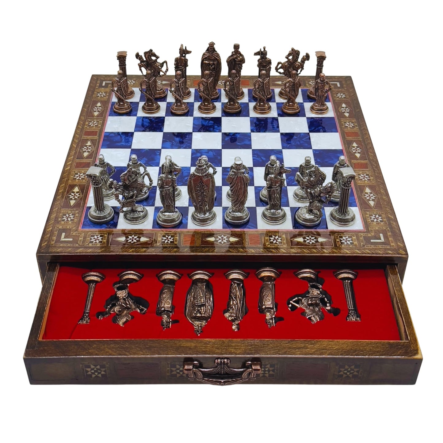 15 Handmade Chess Set With British Army Metal Chess Pieces, Luxury Storage Chess Board, For All Ages, Ideal For Father, (Blue)