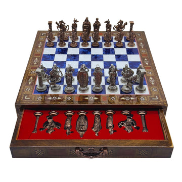 15 Handmade Chess Set With British Army Metal Chess Pieces, Luxury Storage Chess Board, For All Ages, Ideal For Father, (Blue)