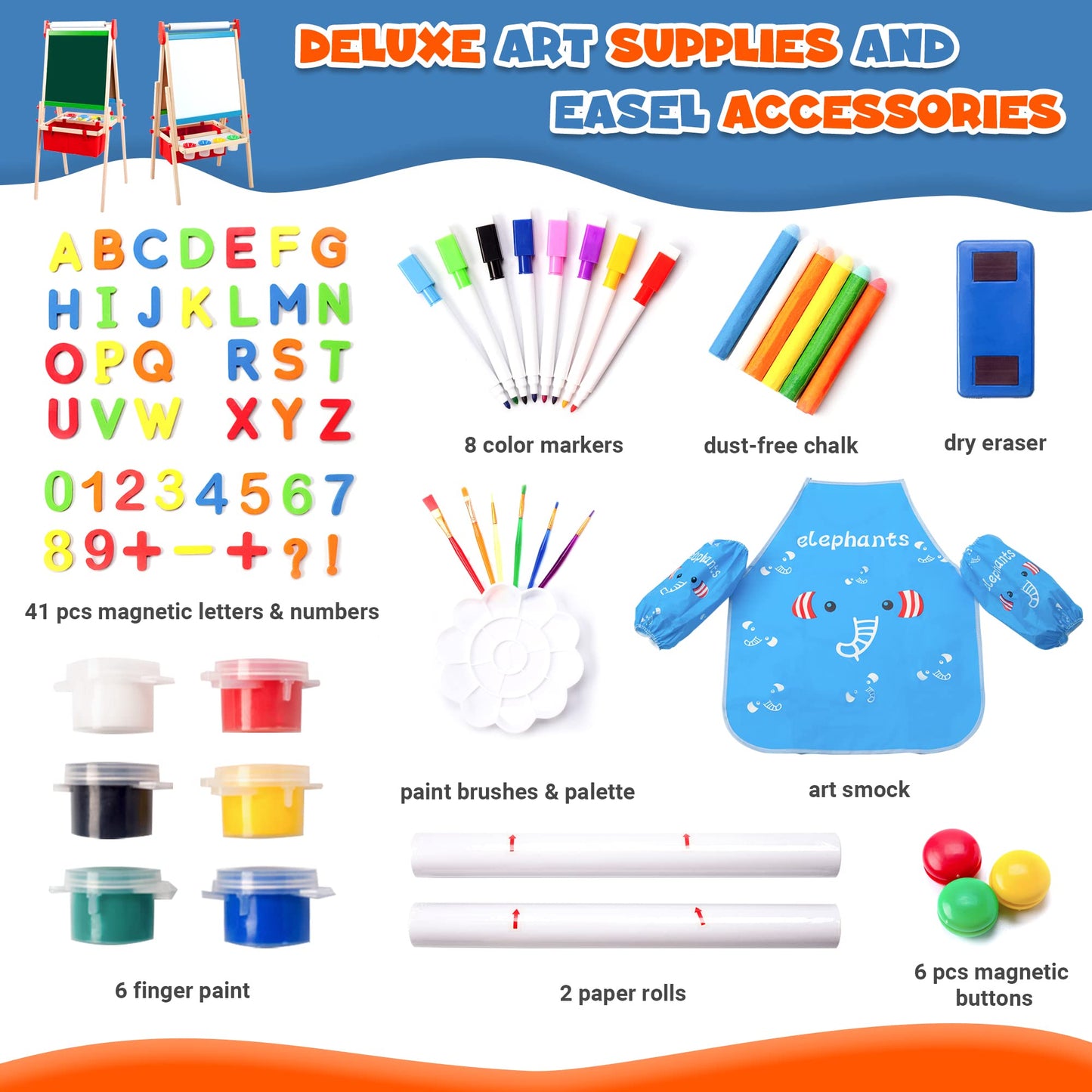 Kids Easel Including 100+ Accessories, Double Sided Wooden Easel for Kids - Magnetic Chalkboard & Painting Board & 2 Paper Rolls