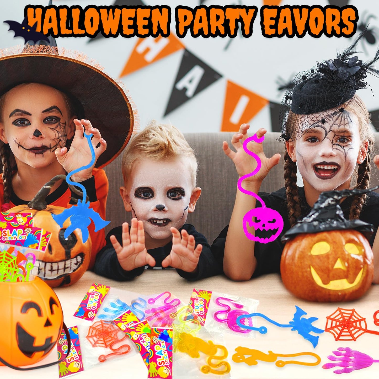 Boo Basket Goodie Bag Stuffers for Toddlers 200 Pcs, Halloween Bulk Sticky Hands Treats Non Candy Toys Gifts for Kids, Party Fav