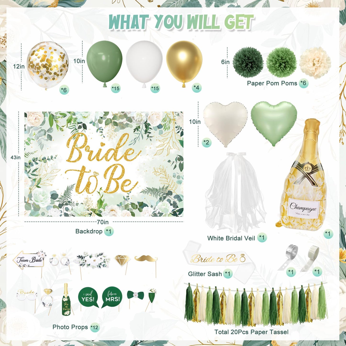 Bridal Shower Decorations, Sage Green Bachelorette Party Decorations Bride to Be Banner Backdrop Sash Veil Confetti Foil Balloon