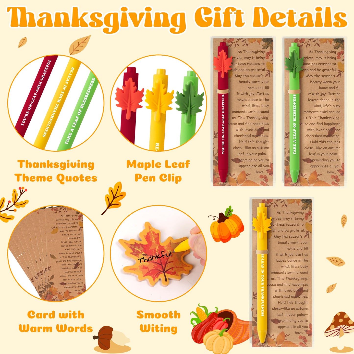 TICIAGA Thanksgiving Day Party Gifts - 24 Pack Fall Ballpoint Pen with Thank You Card and Maple Leaf Sticky Note Gift Set from S