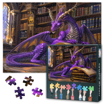 1000 Pieces Jigsaw Puzzles for Adults -Enchanting Purple Dragon in Mystical Library, 28x20 Inch Challenging Art Puzzle,Fantasy A