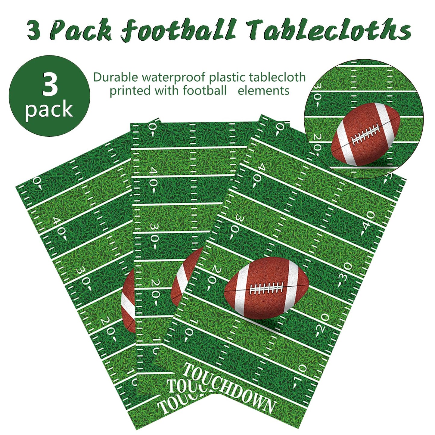Kesfey 3 Packs Football Tablecloth 54 X 108 Inches Green Football Field Touchdown Tablecover Disposable Plastic Rugbyl Themed Bi
