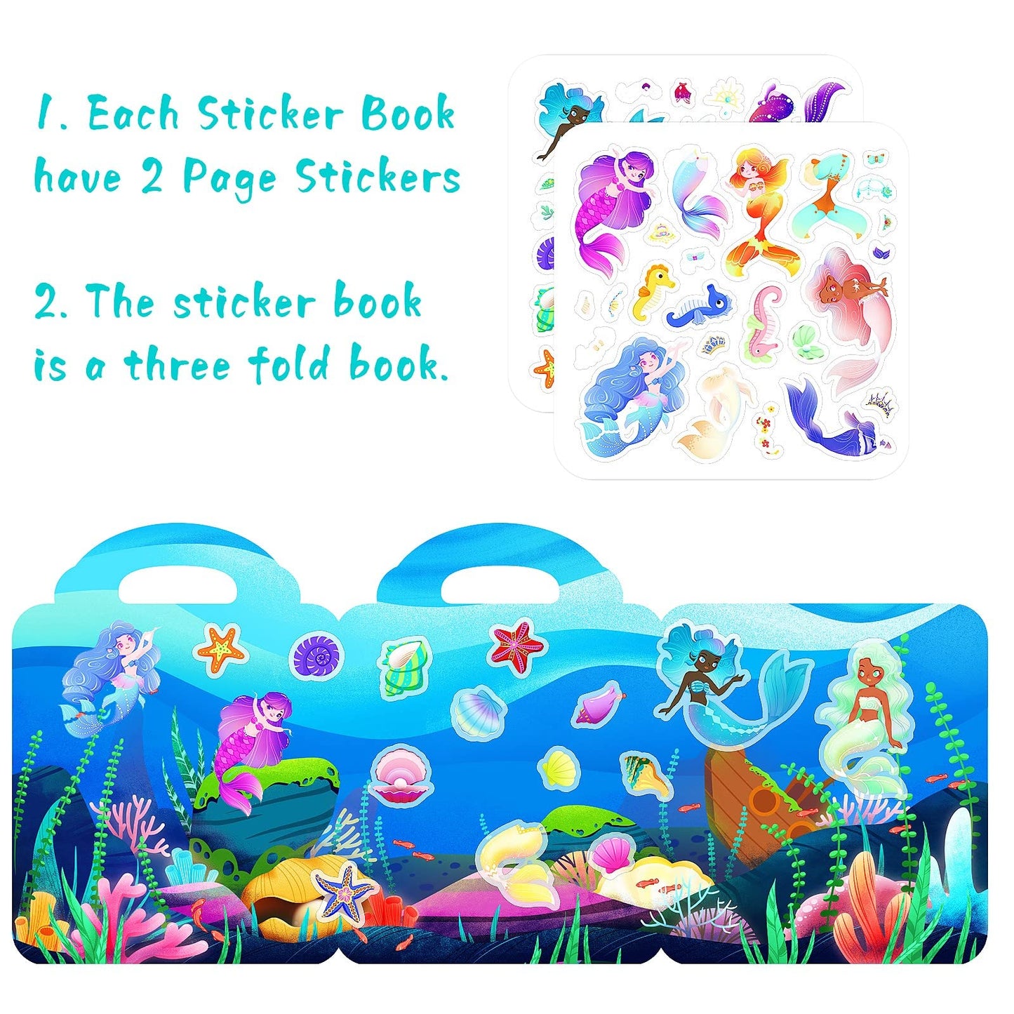 Sticker Books For Kids, Reusable Sticker Book For Toddlers 2-4 Years, 3 Sets Travel Stickers For Kids Mermaid, Princess And Pet Cute Waterproof Sticker Book For Girls Boys Birthday Gifts