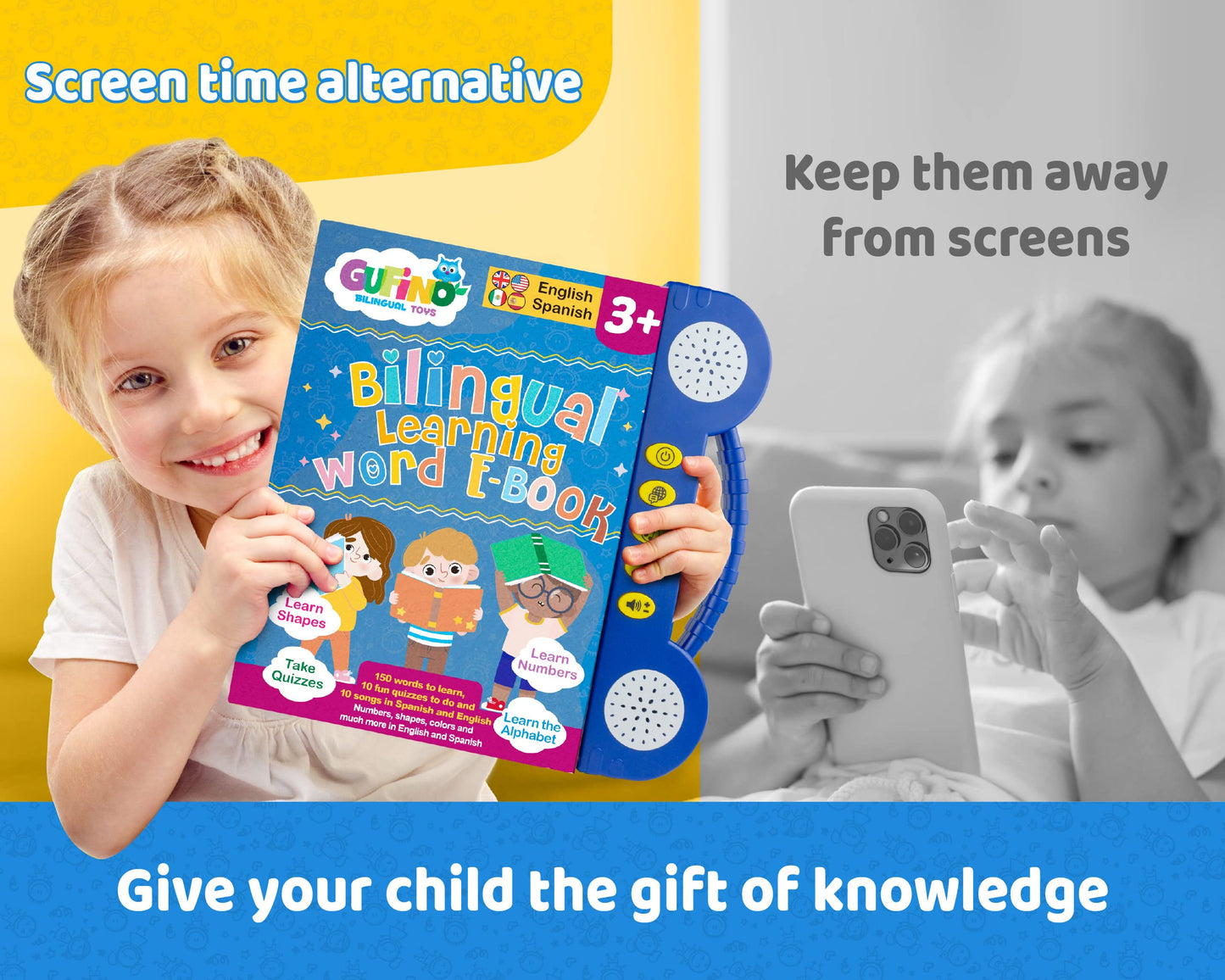 Gufino Bilingual Activity Books For Kids Ages 3-5 - English & Spanish Interactive Workbook Learning Toys: Abcs, Numbers, Shapes,