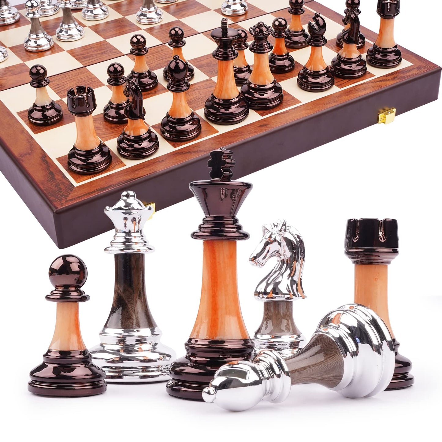 15'' Metal Chess Sets For Adults Kids With Zinc Alloy + Acrylic Chess Pieces & Portable Folding Wooden Chess Board Travel Chess