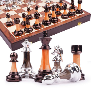 15'' Metal Chess Sets For Adults Kids With Zinc Alloy + Acrylic Chess Pieces & Portable Folding Wooden Chess Board Travel Chess