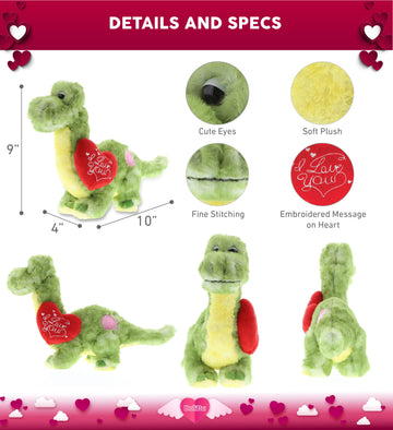 Dollibu I Love You Valentine Green Dinosaur Plush - Cute Dinosaur Stuffed Animal With Red Heart And Name Personalization Gift Fo