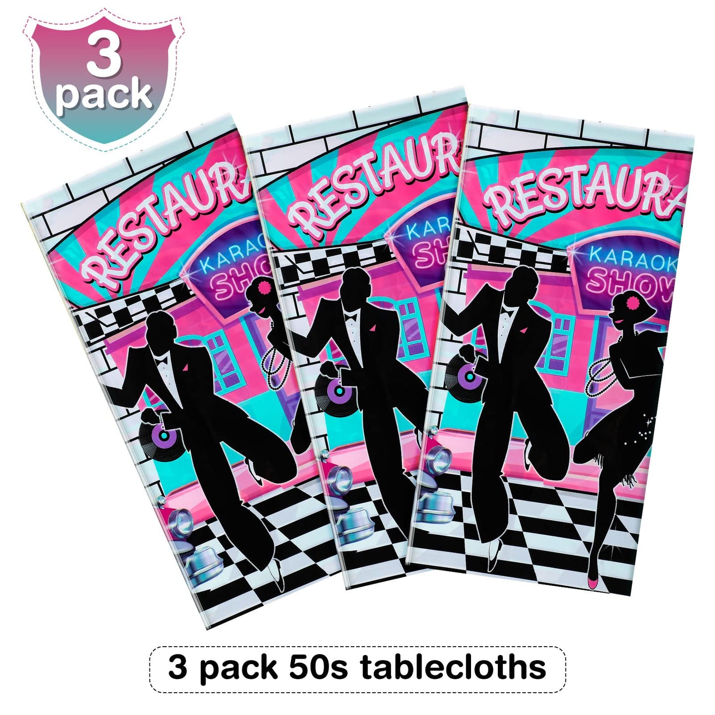 3 Pieces 50s Tablecloth 50s Party Decorations Rock and Roll Party Table Cover Large 1950s Plastic Tablecloth Back to 50s Rock