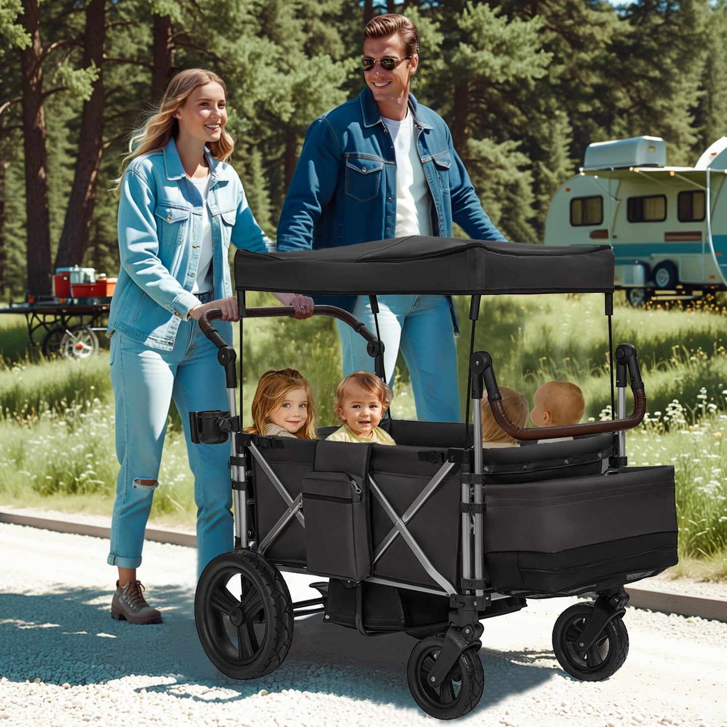 Real Relax Stroller Wagon for 4 Kids, Foldable 4 Seater Wagon Stroller, Kids Wagons with 5-Point Safety Harness, UV-Protection C