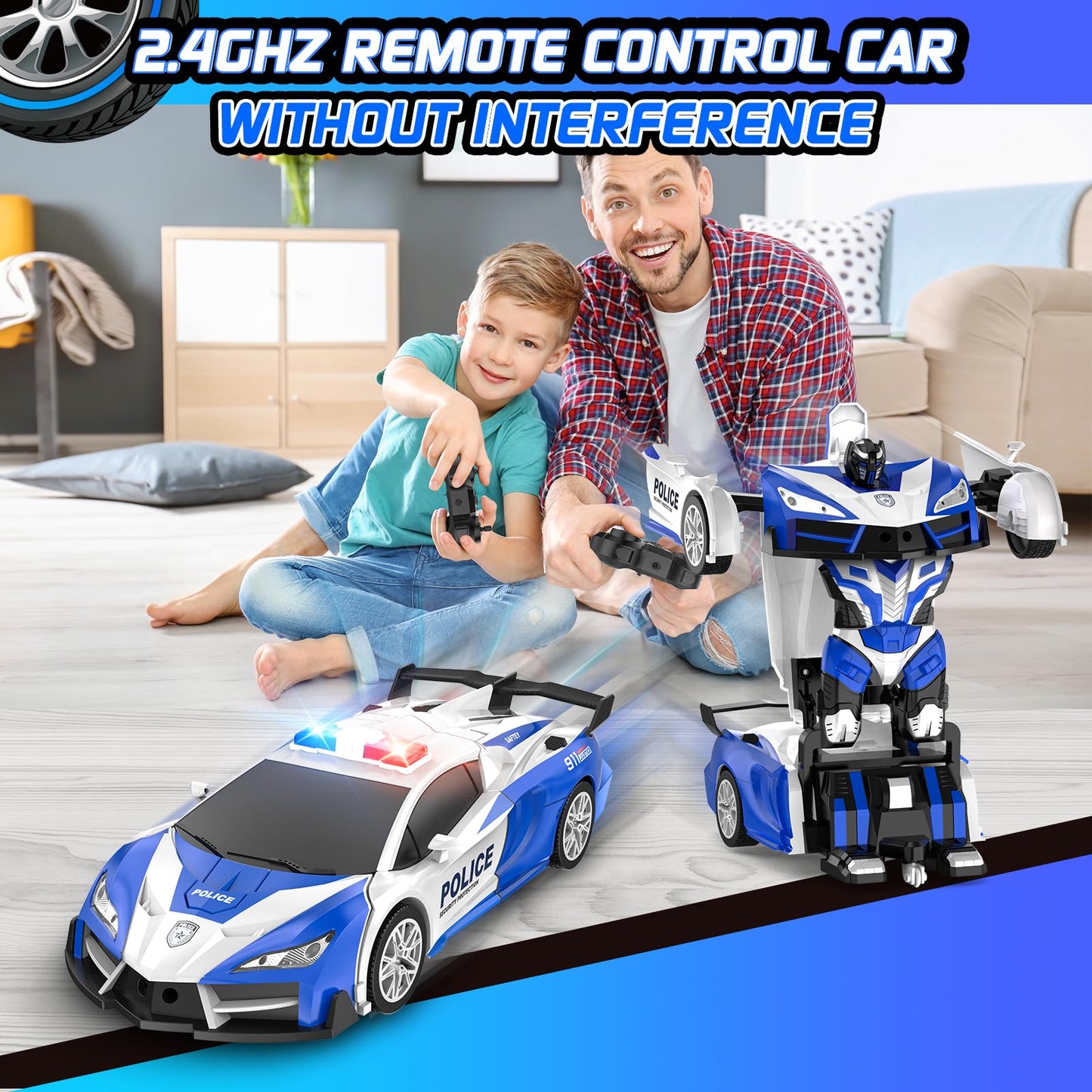 Febyhim Remote Control Car For Boys 4-7, 2.4Ghz Rc Car 1:18 Scale, One-Button Transforming Toy With 360 Spins, Led Lights (Blue)