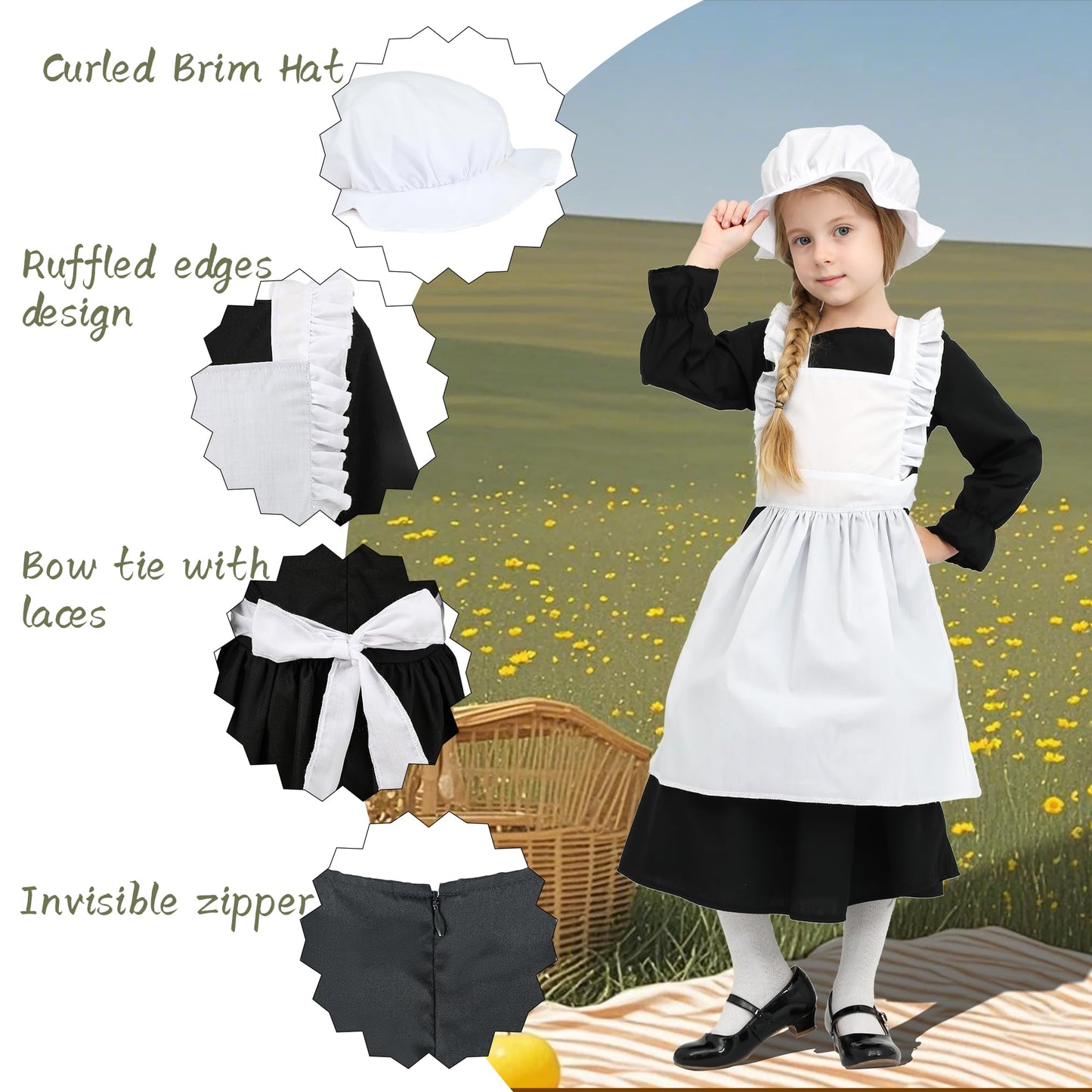 Lingway Toys Girls Pioneer Costume,Black Colonial Prairie Dress for Girls with Apron and Bonnet 6-8